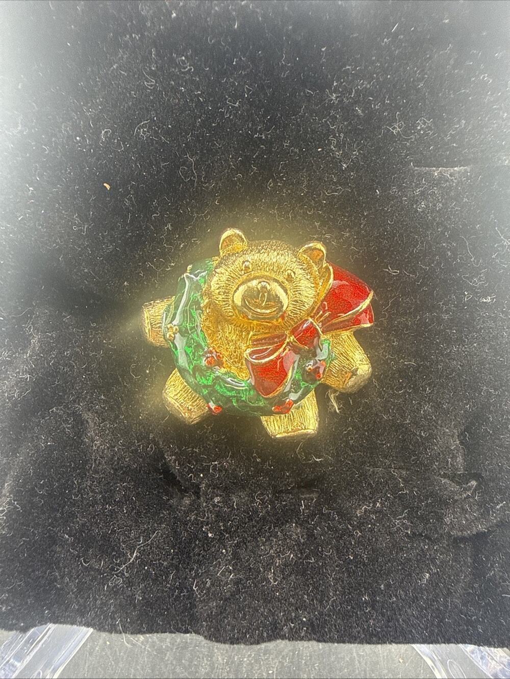 Gold Tone Enamel Christmas Teddy Bear Wears a Wreath Brooch Pin